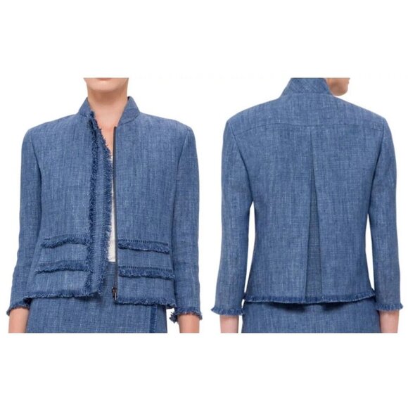AKRIS PUNTO 100% Linen Blue Fringe Trim Zip Front Jacket, Size 10 - Picture 2 of 13